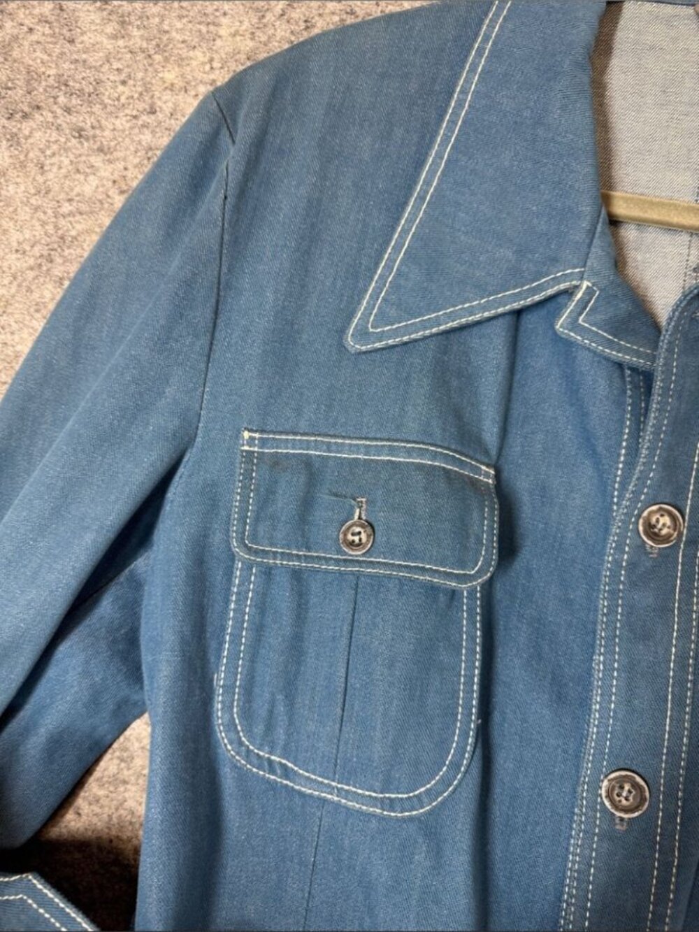 Vintage Belted Denim Jacket Blue Size 44 Mod Retro Utility Blazer Shacket Unisex - Picture 7 of 15